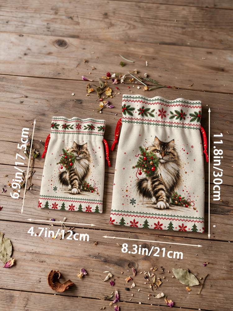 Charming Christmas Cat Reusable Drawstring Gift Bag