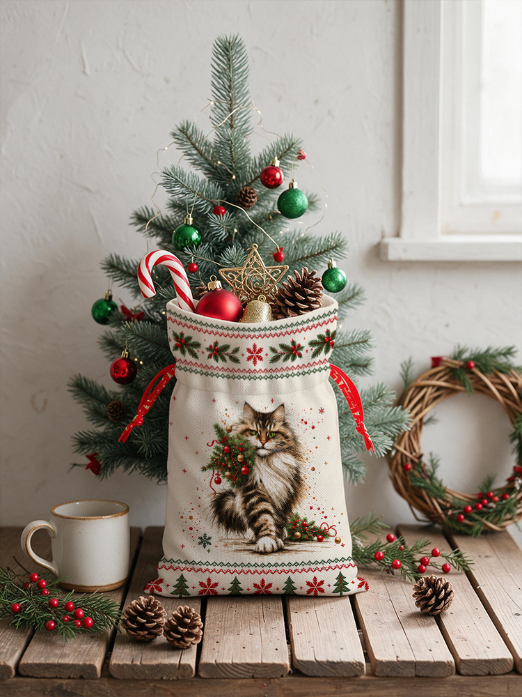 Charming Christmas Cat Reusable Drawstring Gift Bag
