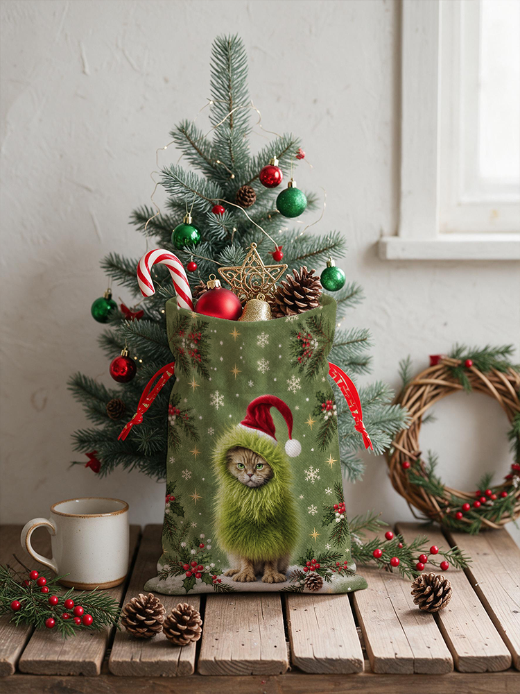 Mischievous Christmas Cat Reusable Drawstring Gift Bag