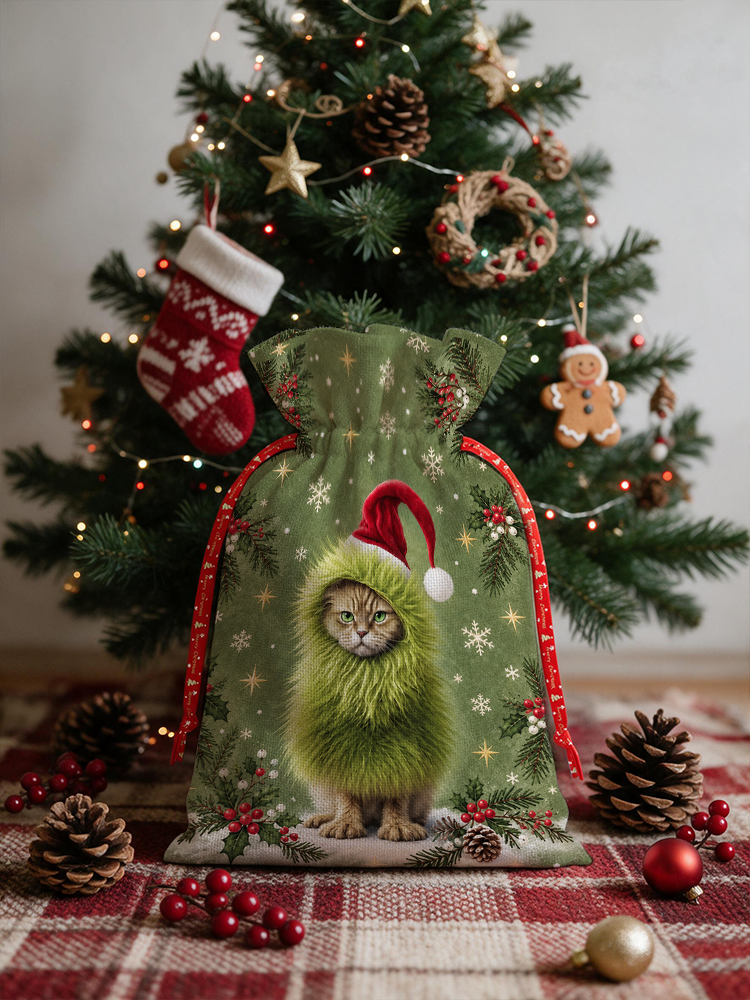 Mischievous Christmas Cat Reusable Drawstring Gift Bag