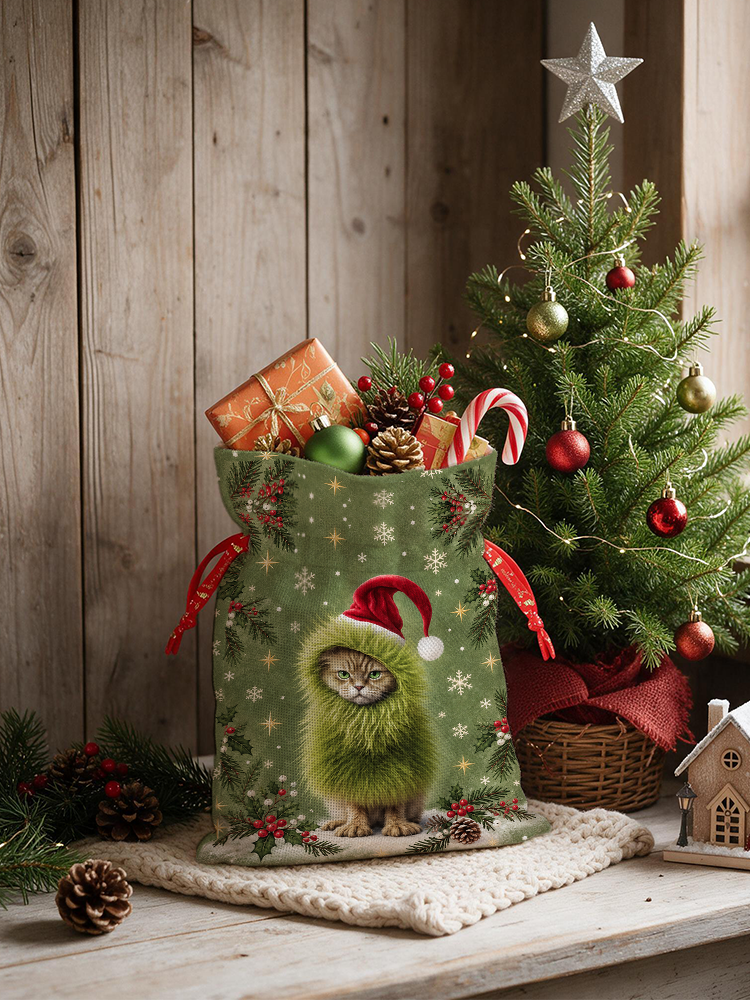 Mischievous Christmas Cat Reusable Drawstring Gift Bag