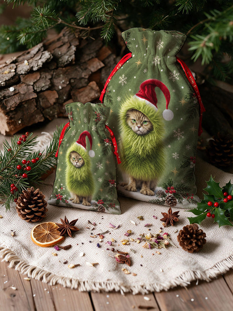 Mischievous Christmas Cat Reusable Drawstring Gift Bag