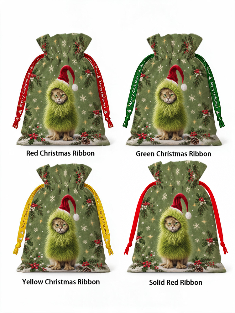 Mischievous Christmas Cat Reusable Drawstring Gift Bag