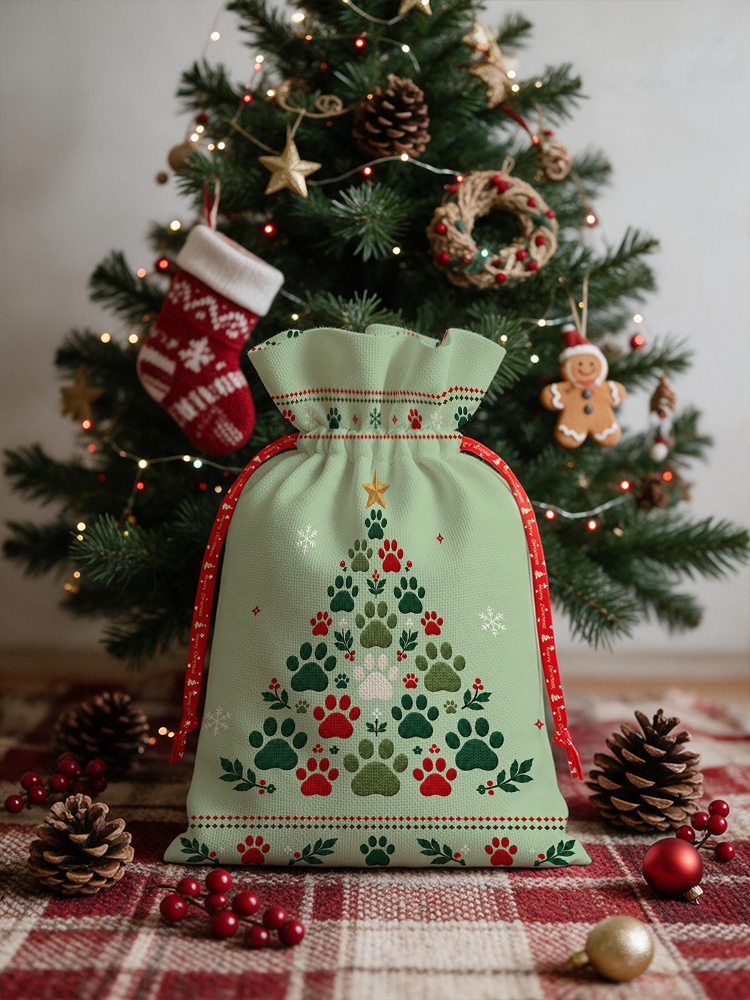 Cat Paw Print Christmas Tree Reusable Drawstring Gift Bag