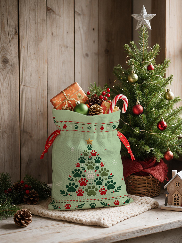 Cat Paw Print Christmas Tree Reusable Drawstring Gift Bag