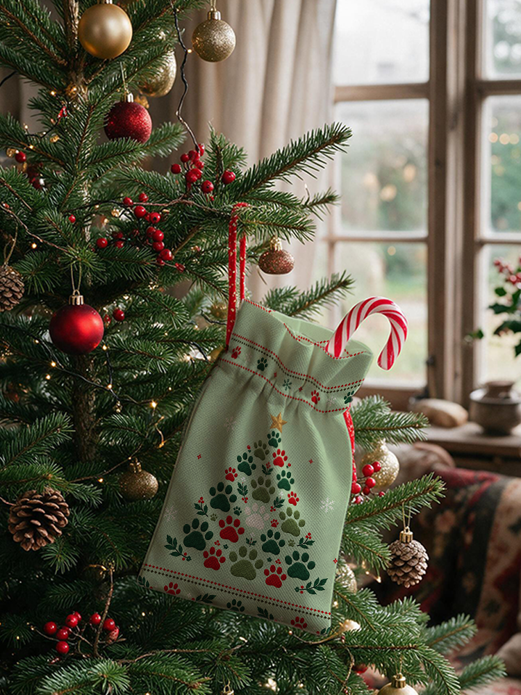 Cat Paw Print Christmas Tree Reusable Drawstring Gift Bag