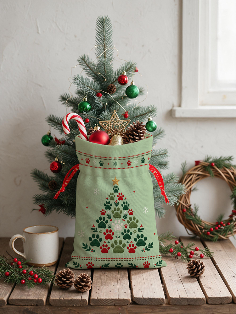 Cat Paw Print Christmas Tree Reusable Drawstring Gift Bag
