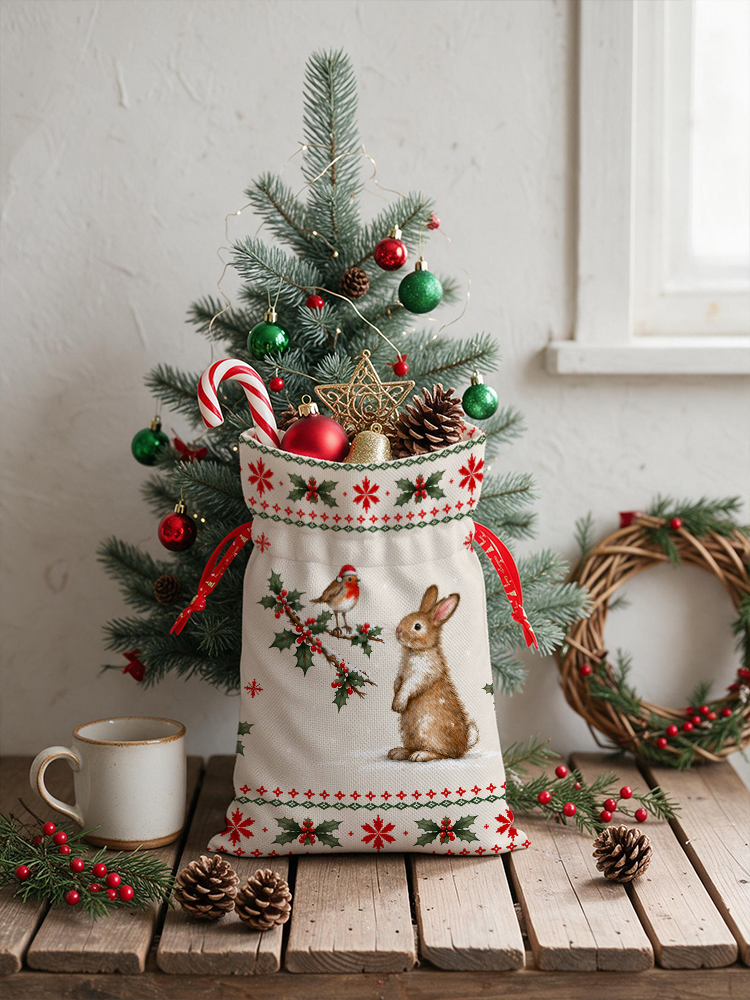 Christmas Robin & Bunny Reusable Drawstring Gift Bag