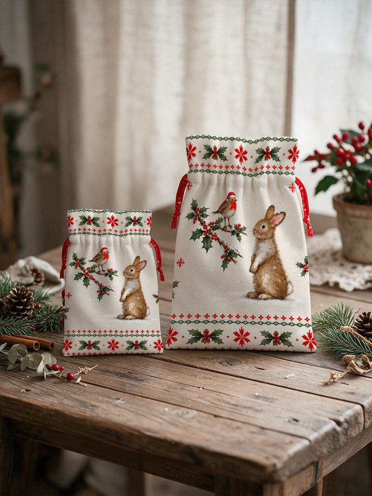 Christmas Robin & Bunny Reusable Drawstring Gift Bag