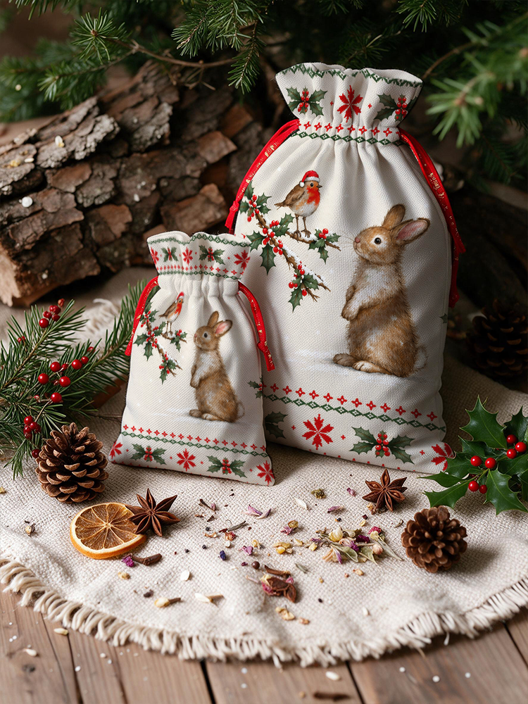 Christmas Robin & Bunny Reusable Drawstring Gift Bag