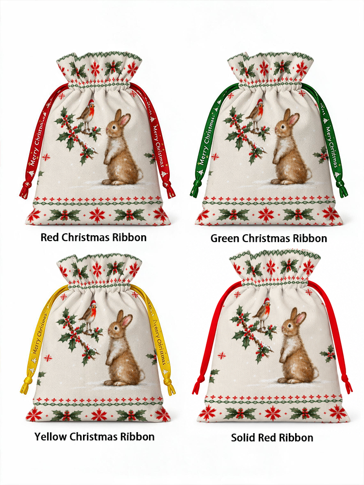 Christmas Robin & Bunny Reusable Drawstring Gift Bag