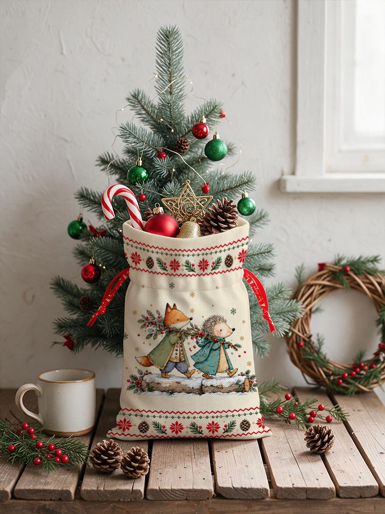 Christmas Fox & Hedgehog Reusable Drawstring Gift Bag
