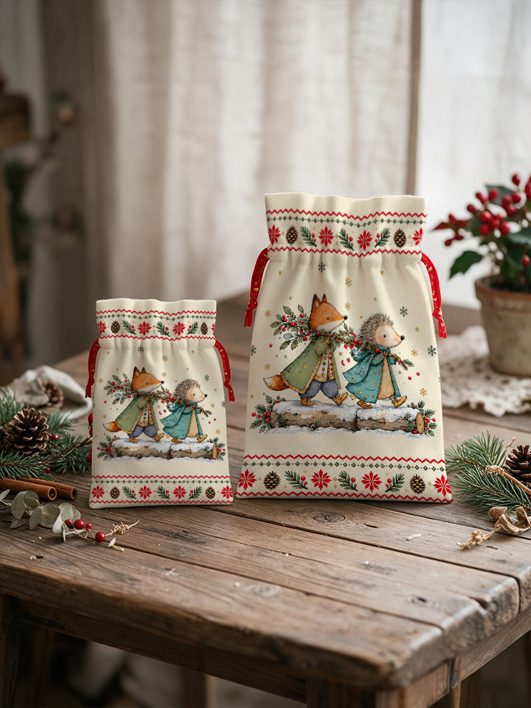 Christmas Fox & Hedgehog Reusable Drawstring Gift Bag