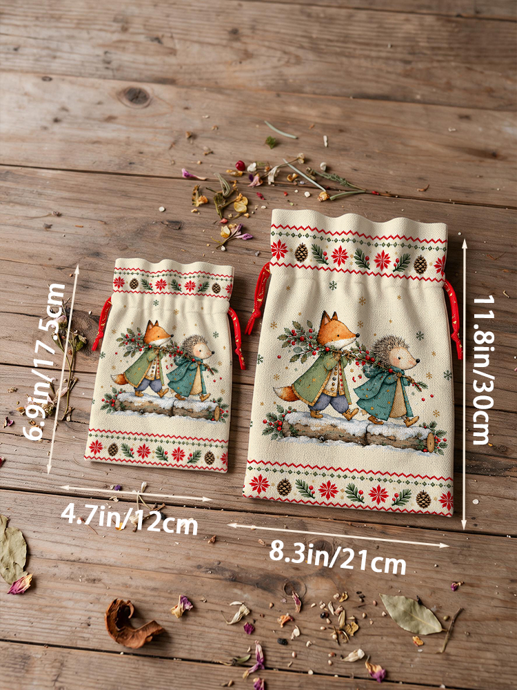 Christmas Fox & Hedgehog Reusable Drawstring Gift Bag