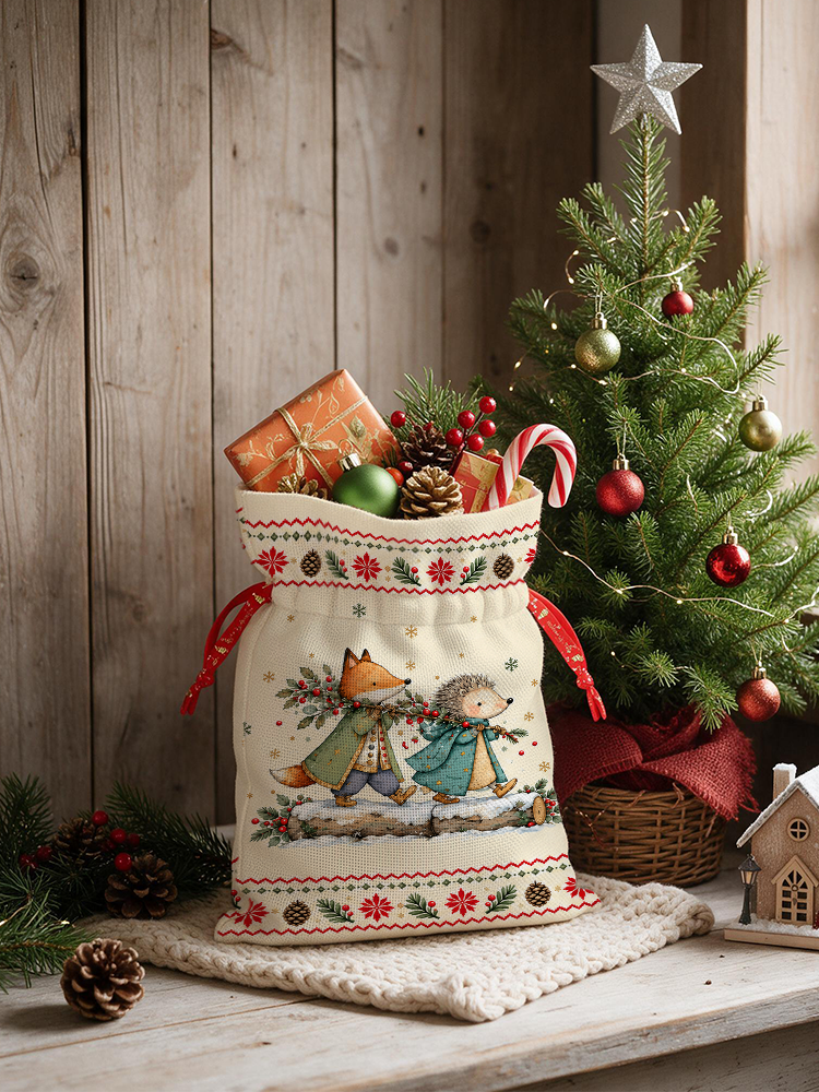 Christmas Fox & Hedgehog Reusable Drawstring Gift Bag
