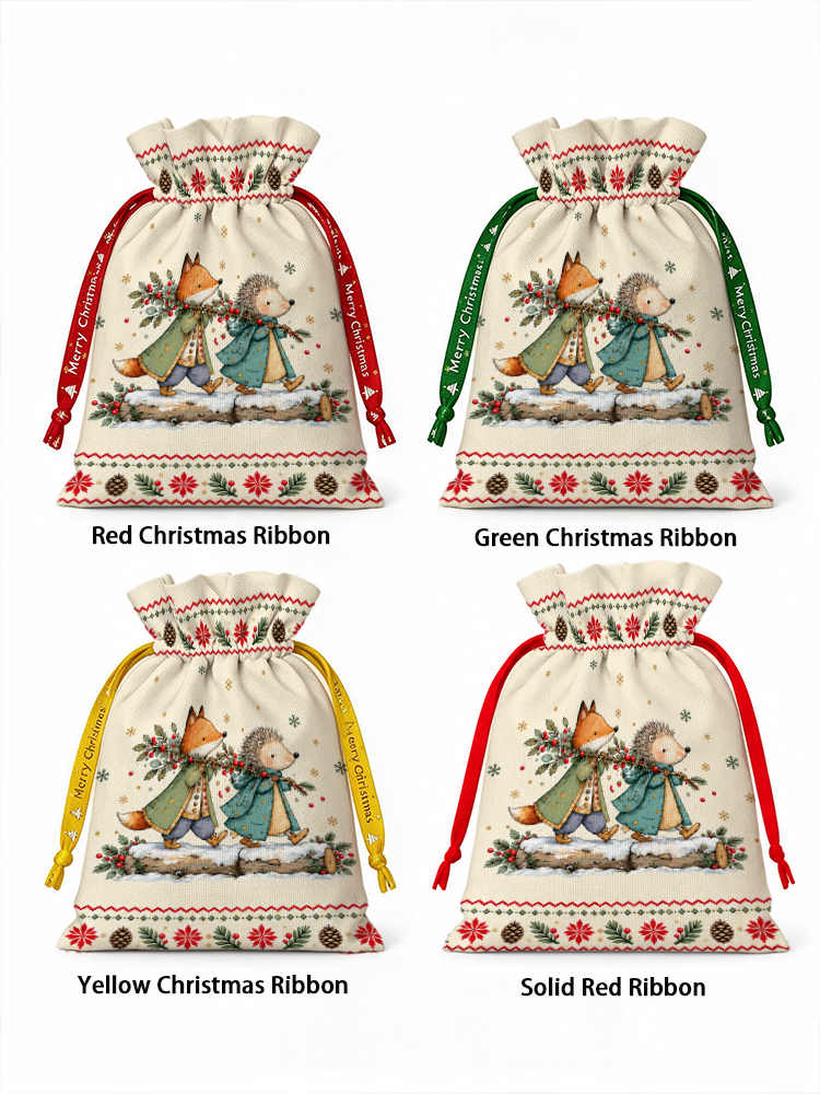 Christmas Fox & Hedgehog Reusable Drawstring Gift Bag