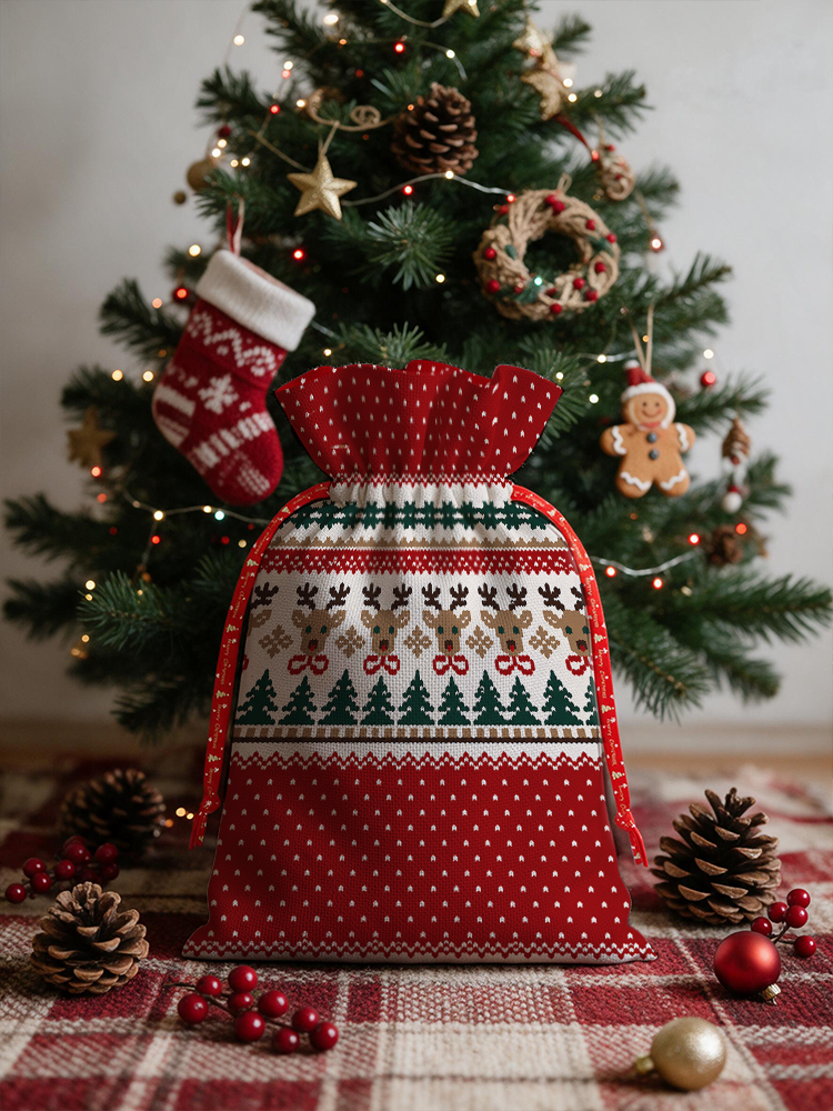 Christmas Reindeer & Pine Tree Reusable Drawstring Gift Bag
