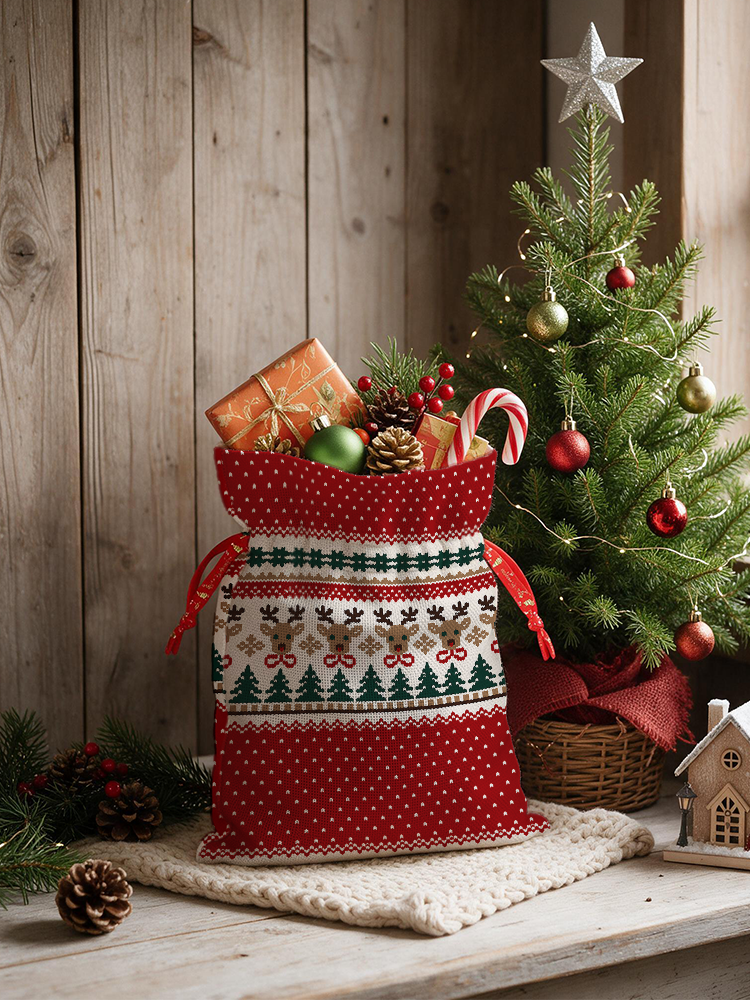 Christmas Reindeer & Pine Tree Reusable Drawstring Gift Bag
