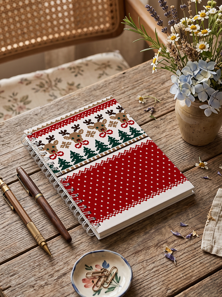 Christmas Reindeer & Pine Tree Print A5 Spiral Notebook
