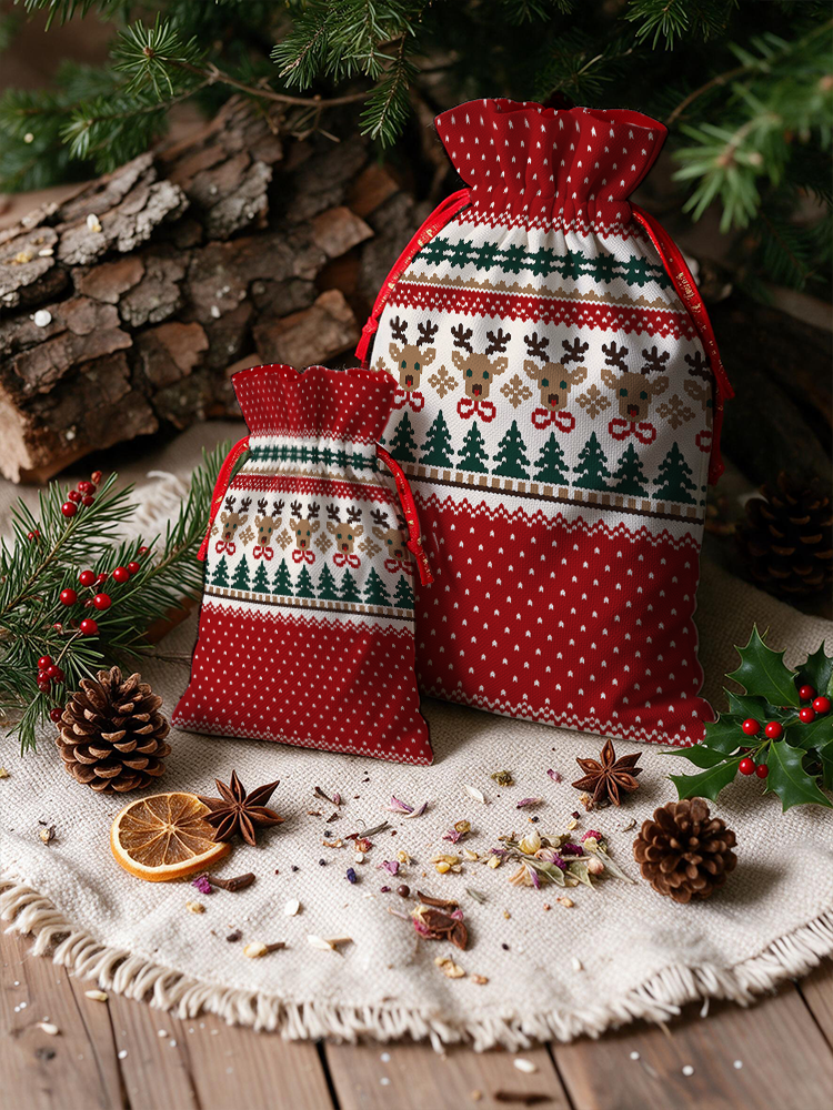 Christmas Reindeer & Pine Tree Reusable Drawstring Gift Bag