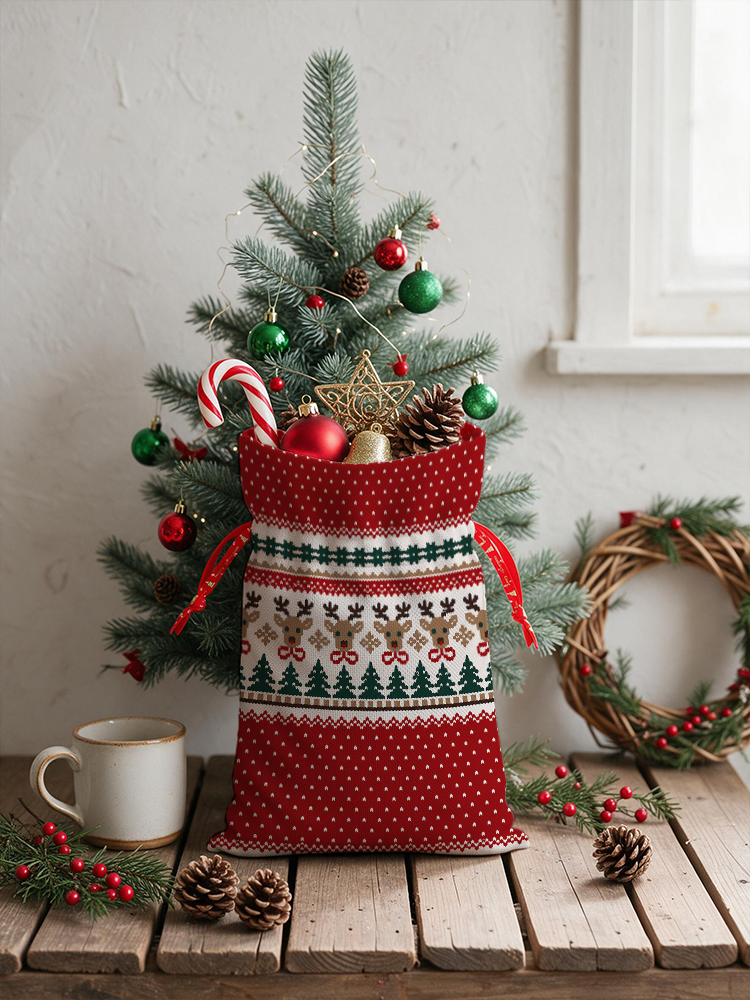 Christmas Reindeer & Pine Tree Reusable Drawstring Gift Bag