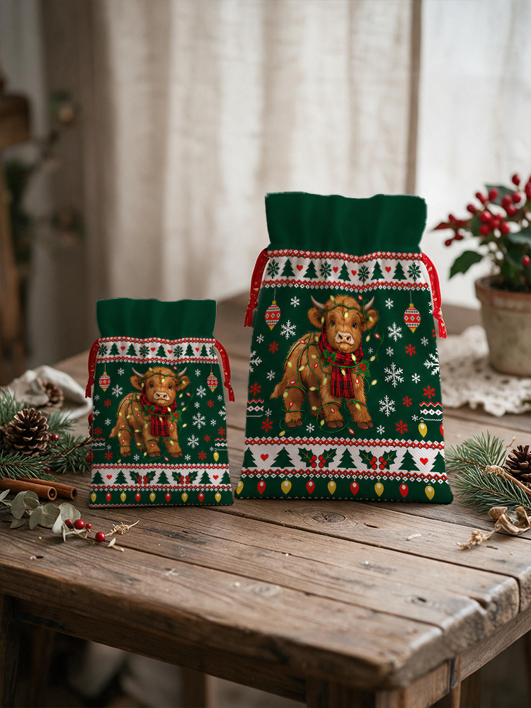 Christmas Cow Snowflake Reusable Drawstring Gift Bag