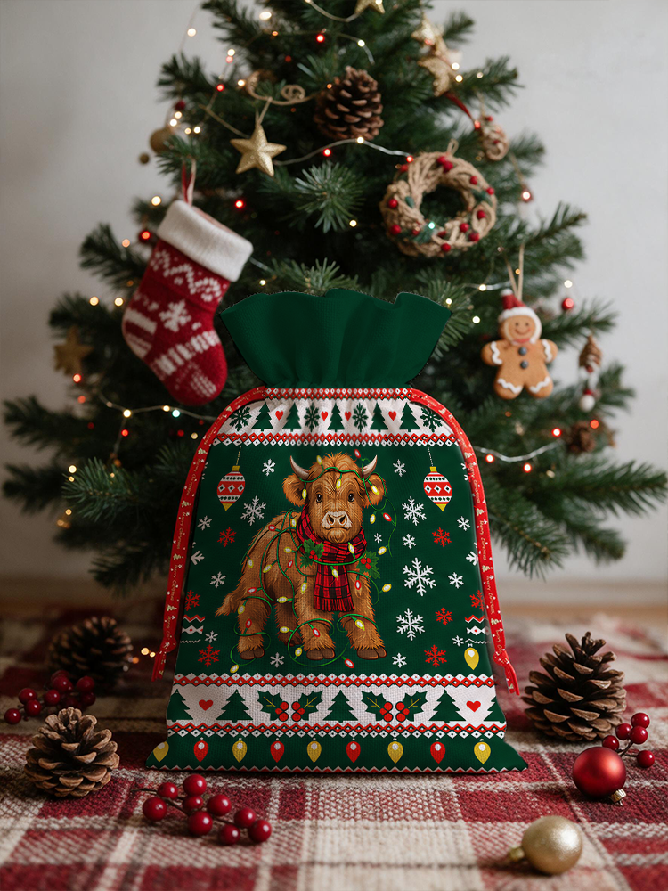 Christmas Cow Snowflake Reusable Drawstring Gift Bag