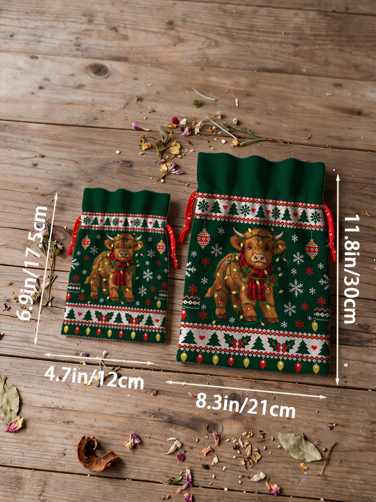 Christmas Cow Snowflake Reusable Drawstring Gift Bag