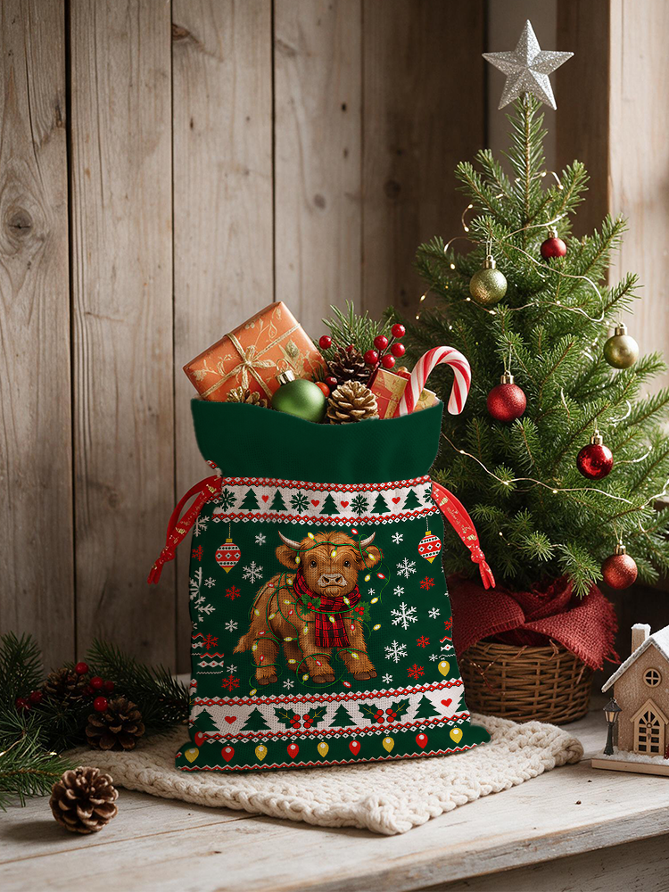 Christmas Cow Snowflake Reusable Drawstring Gift Bag