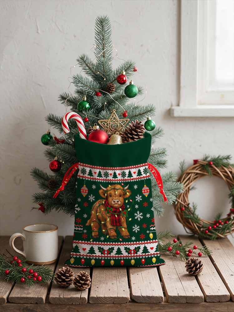 Christmas Cow Snowflake Reusable Drawstring Gift Bag