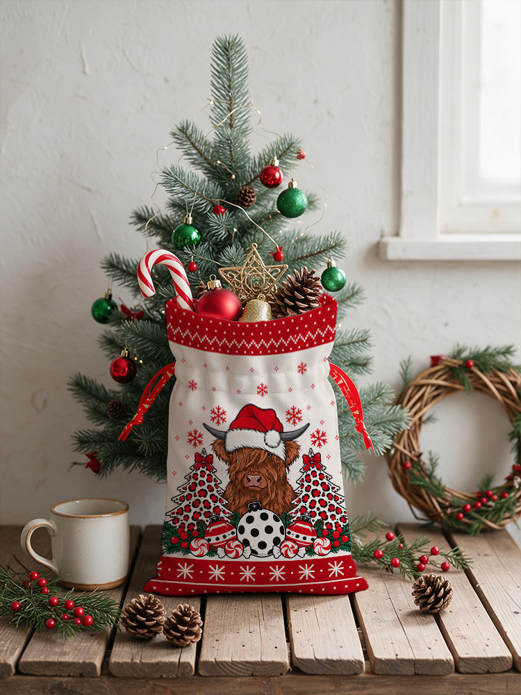 Christmas Highland Cow Reusable Drawstring Gift Bag