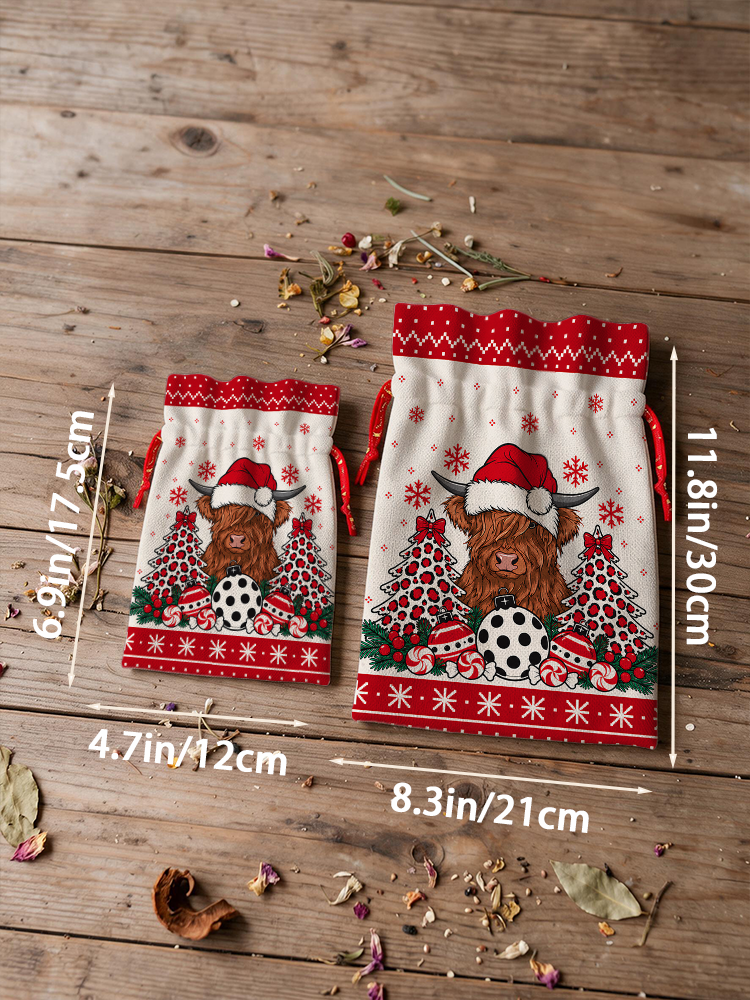 Christmas Highland Cow Reusable Drawstring Gift Bag
