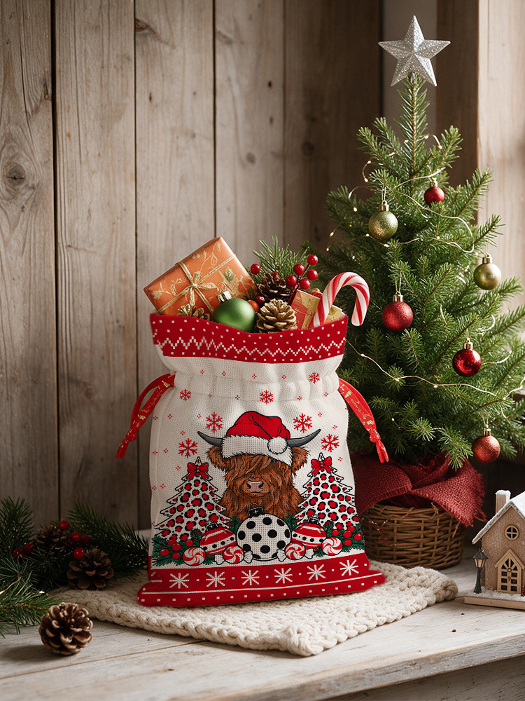 Christmas Highland Cow Reusable Drawstring Gift Bag