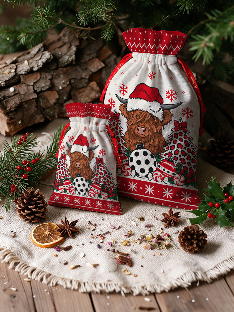 Christmas Highland Cow Reusable Drawstring Gift Bag