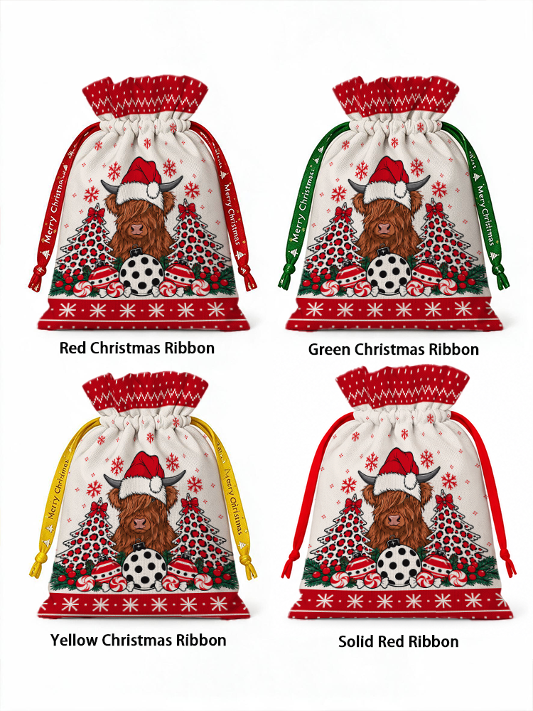 Christmas Highland Cow Reusable Drawstring Gift Bag