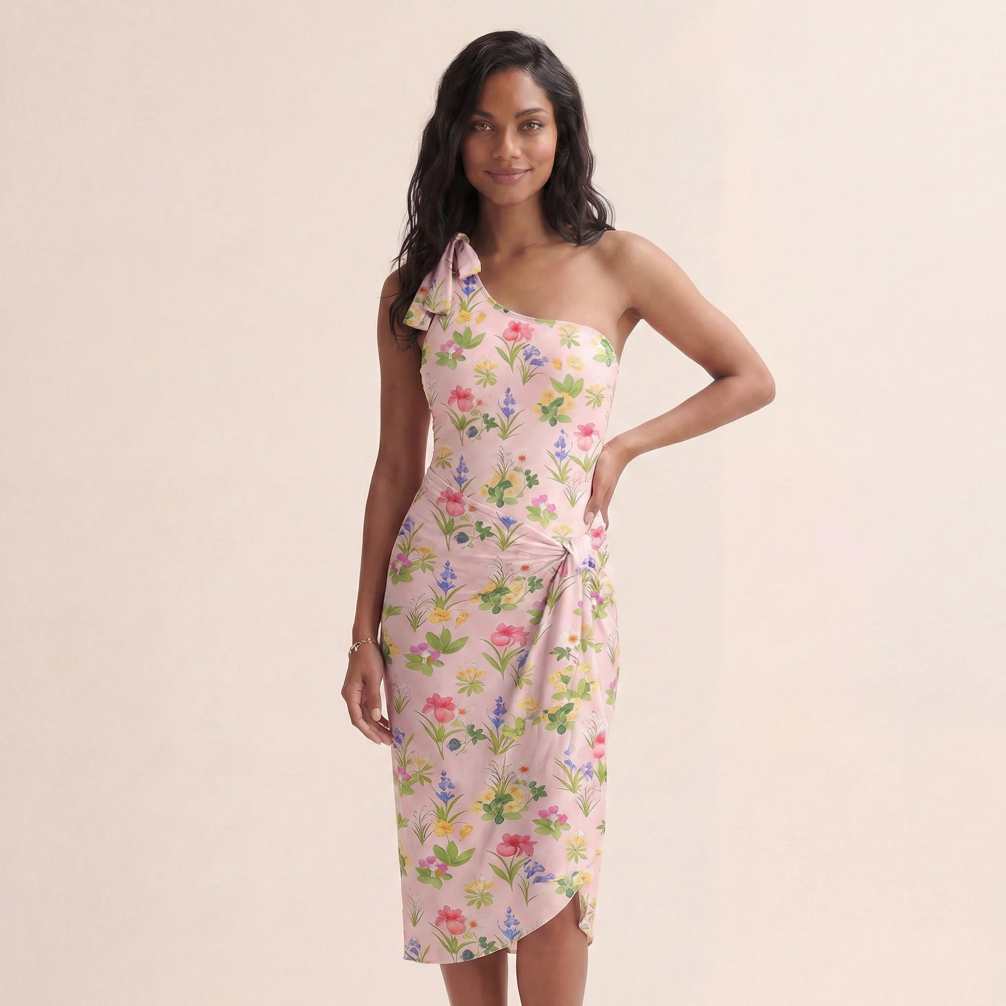 Delicate Blossom One Shoulder One Piece Swimsuit and Matching Sarong Set for Women