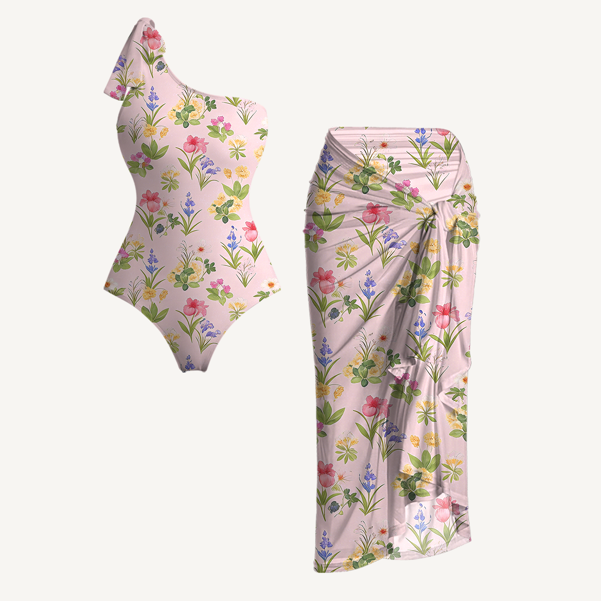 Delicate Blossom One Shoulder One Piece Swimsuit and Matching Sarong Set for Women