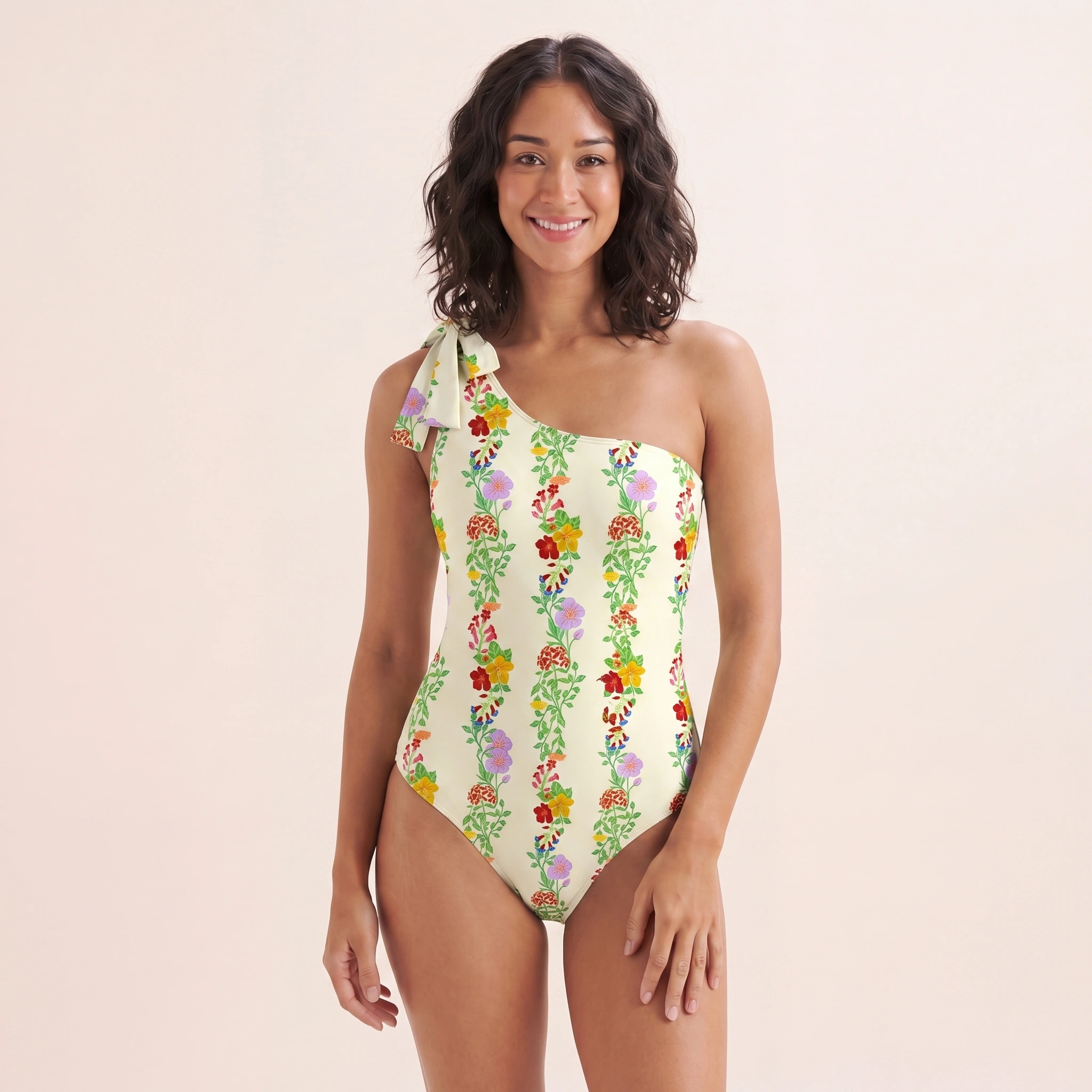 Blossom Trail One Shoulder One Piece Swimsuit and Matching Sarong Set for Women