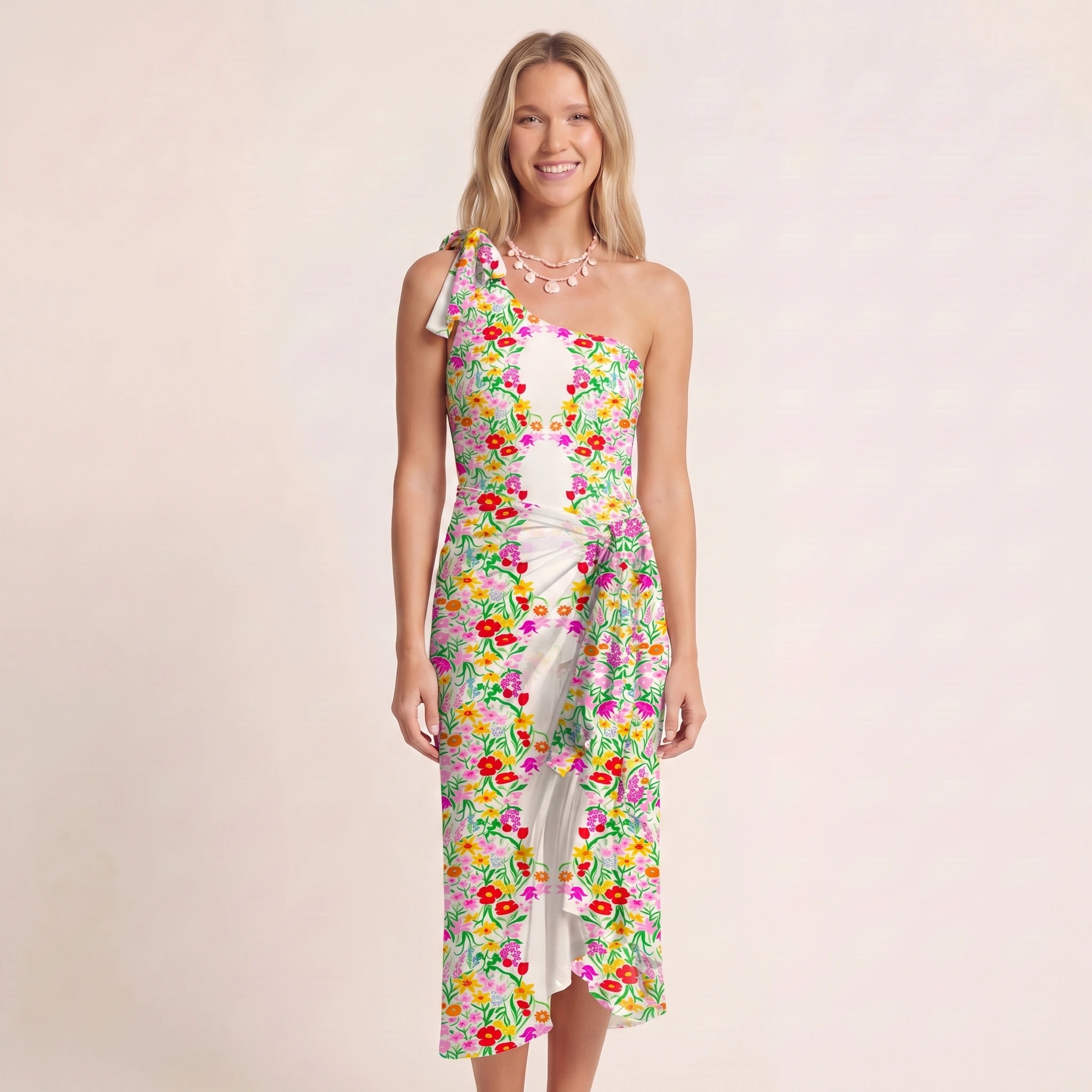 Elegant Garden One Shoulder One Piece Swimsuit and Matching Sarong Set for Women