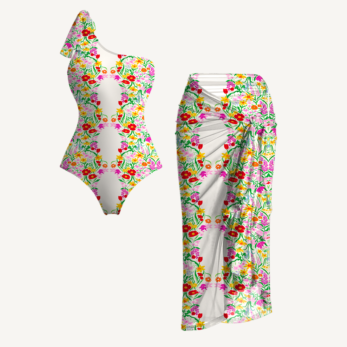 Elegant Garden One Shoulder One Piece Swimsuit and Matching Sarong Set for Women