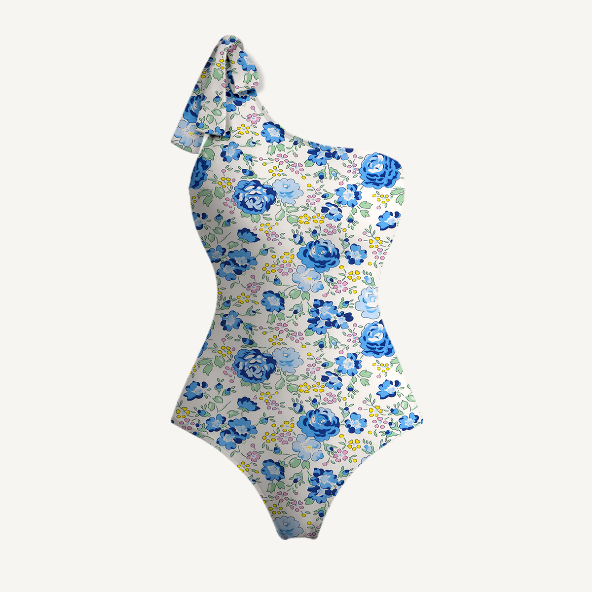 Blue Rose Floral One Shoulder One Piece Swimsuit and Matching Sarong Set for Women