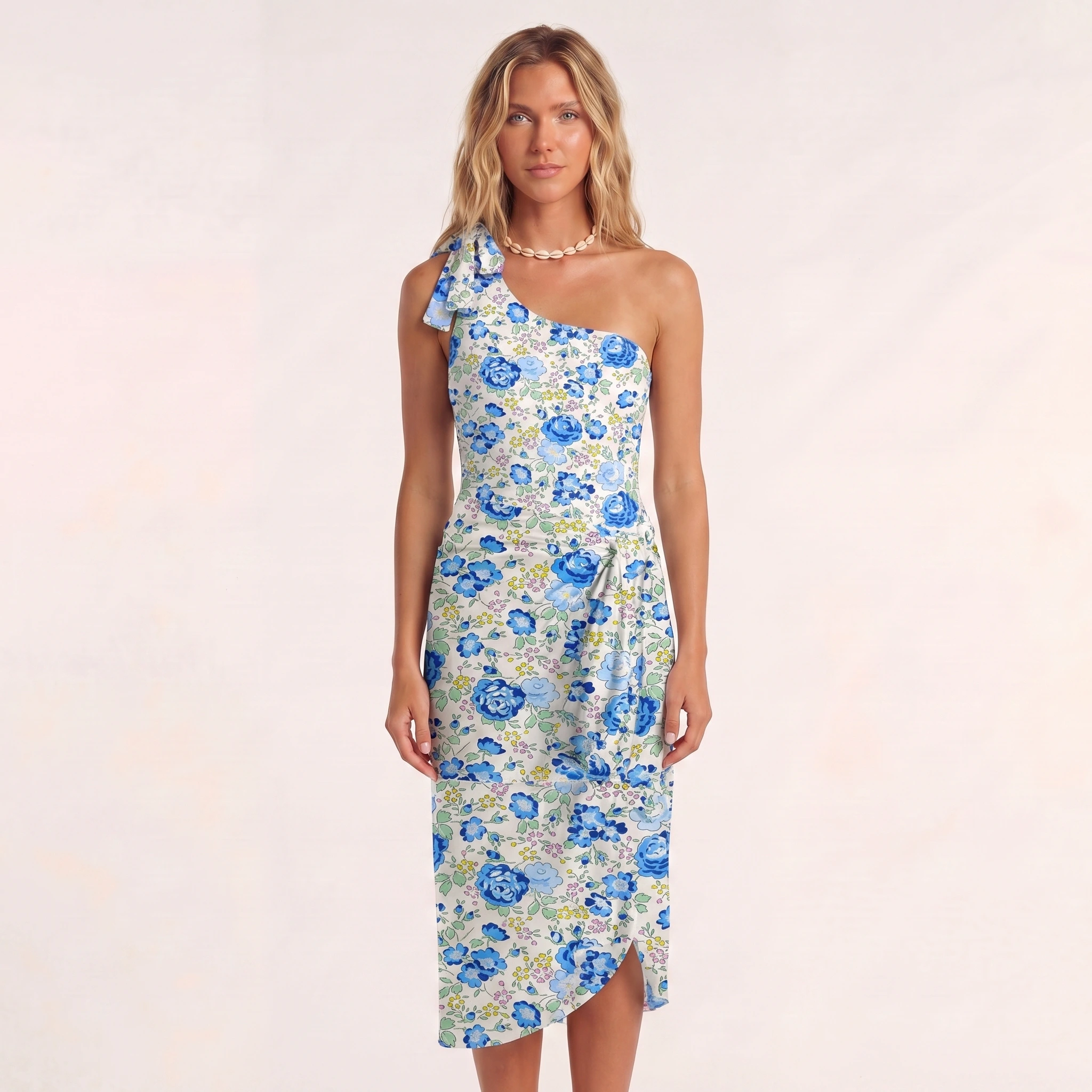 Blue Rose Floral One Shoulder One Piece Swimsuit and Matching Sarong Set for Women