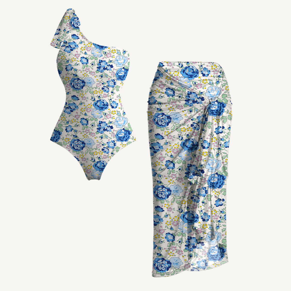 Blue Rose Floral One Shoulder One Piece Swimsuit and Matching Sarong Set for Women