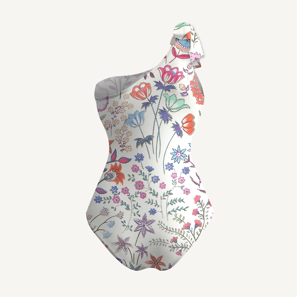 Bohemian Wildflower Garden One Shoulder One Piece Swimsuit and Matching Sarong Set for Women