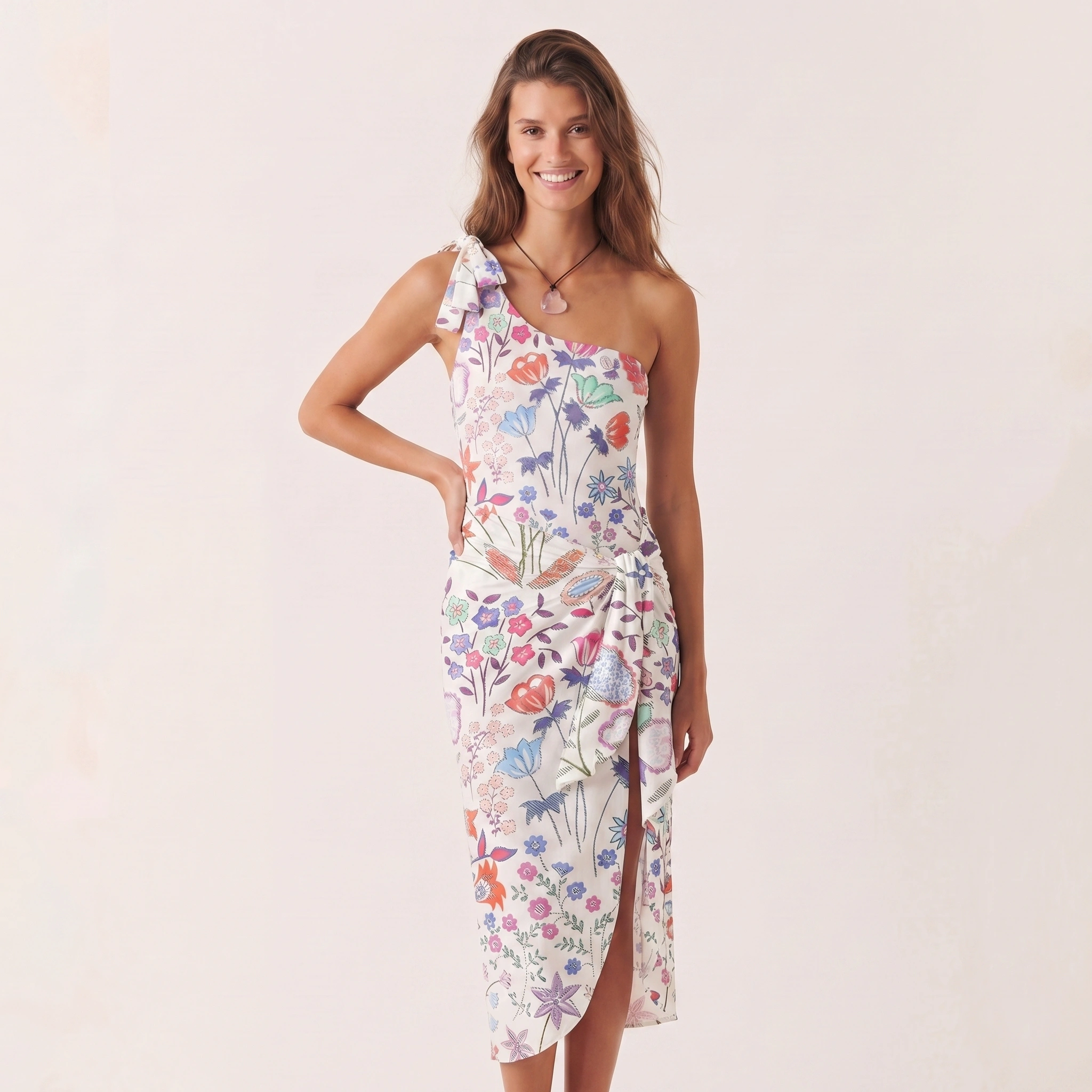 Bohemian Wildflower Garden One Shoulder One Piece Swimsuit and Matching Sarong Set for Women