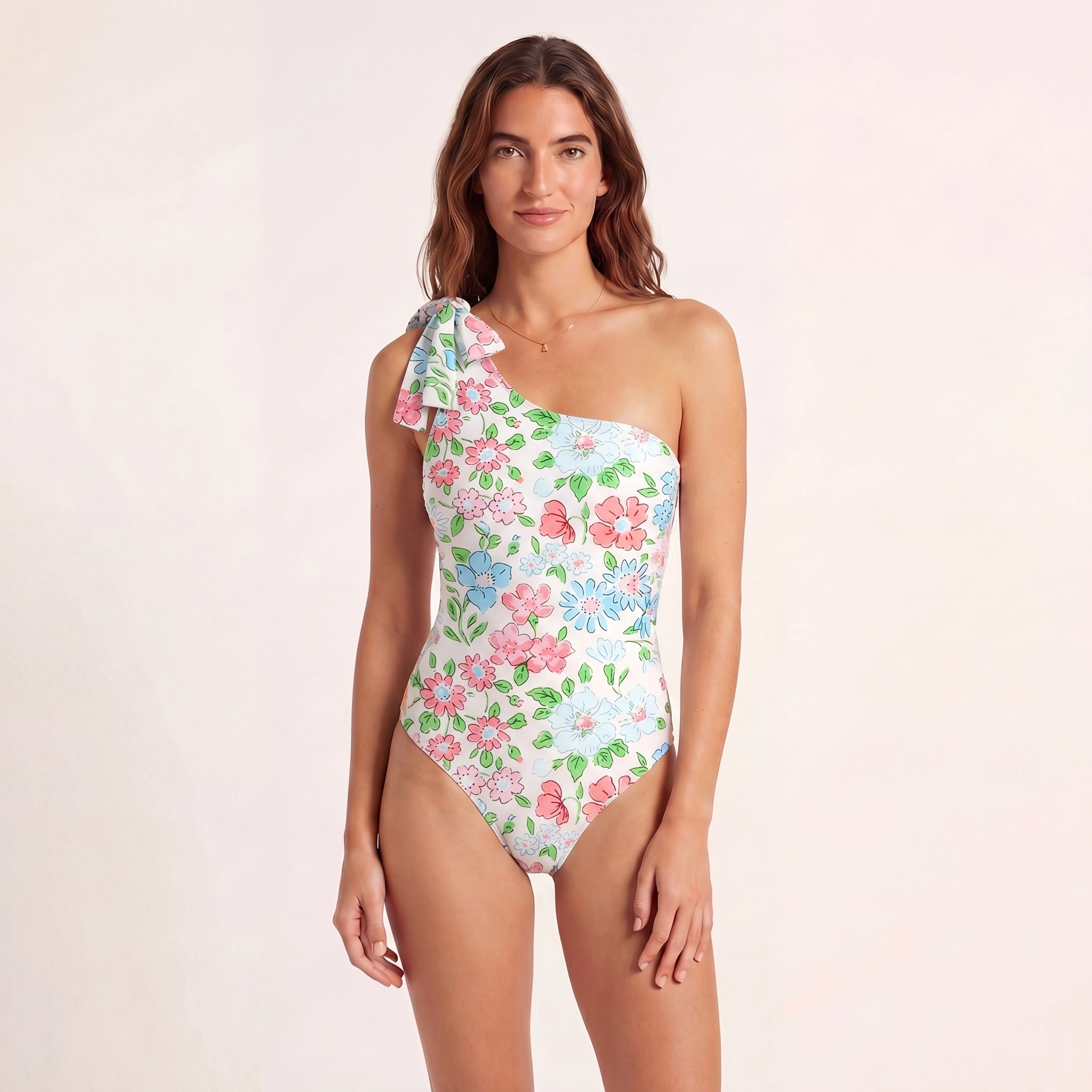 Pastel Cottage Floral One Shoulder One Piece Swimsuit and Matching Sarong Set for Women