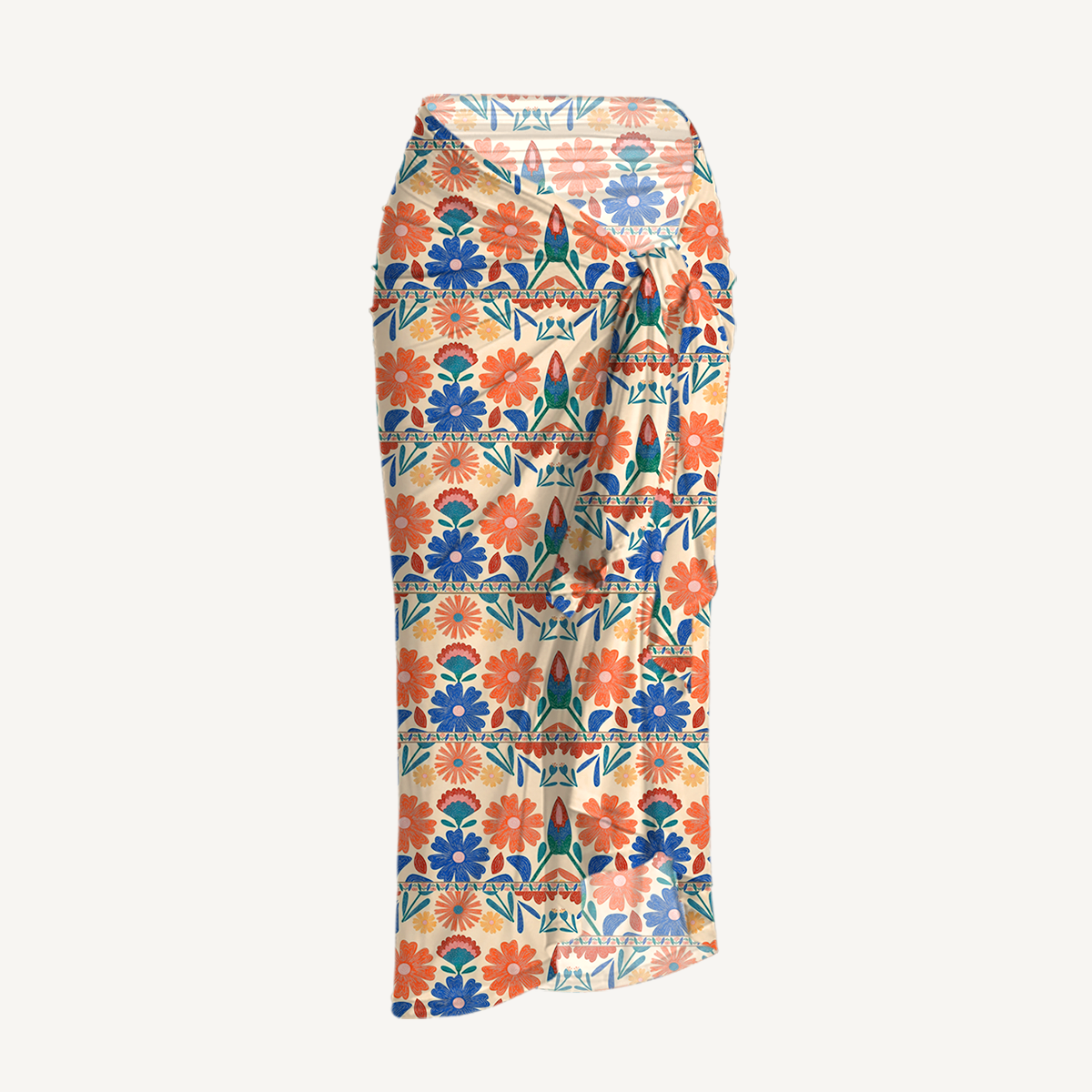 Bohemian Folk Floral Stripe One Shoulder One Piece Swimsuit and Matching Sarong Set for Women