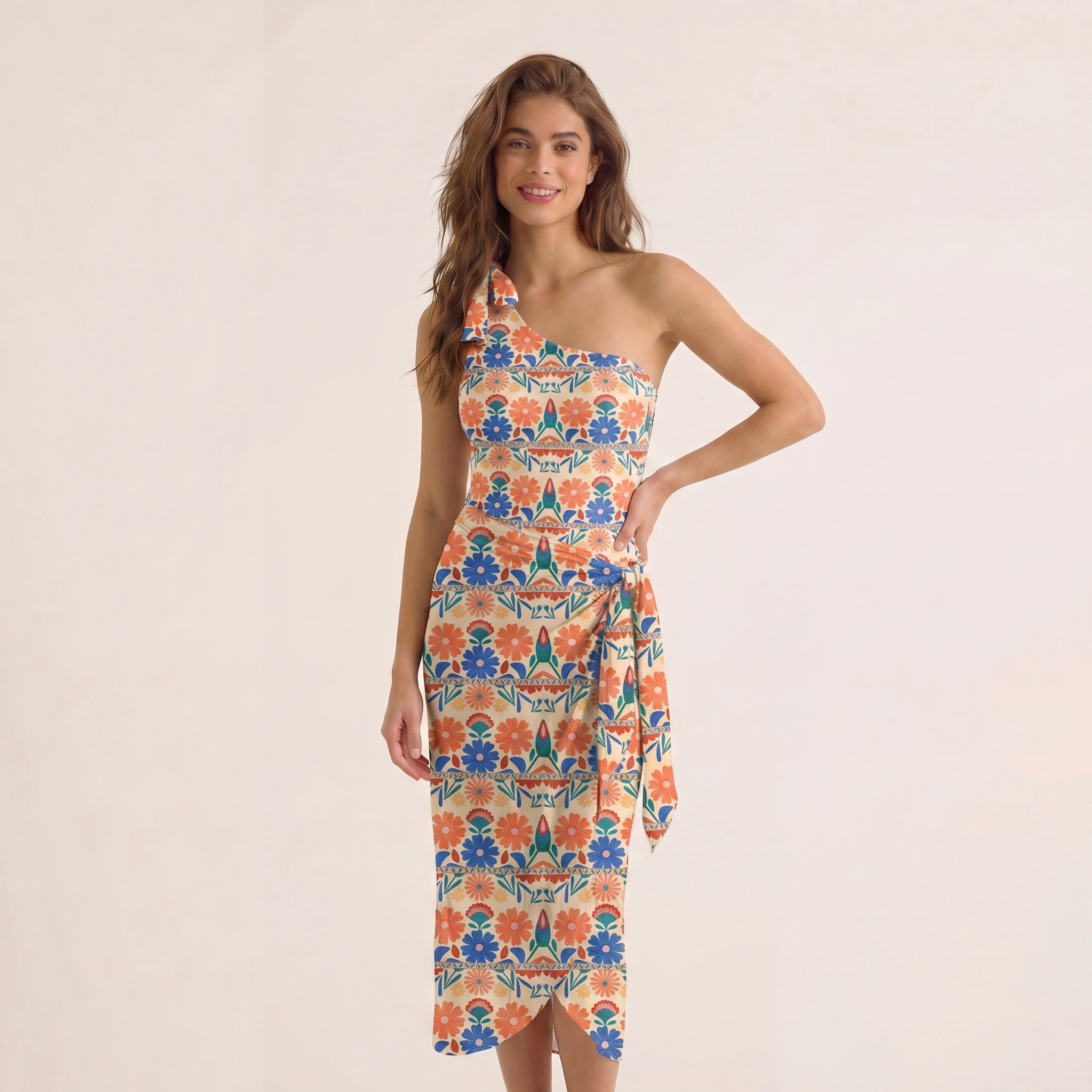 Bohemian Folk Floral Stripe One Shoulder One Piece Swimsuit and Matching Sarong Set for Women