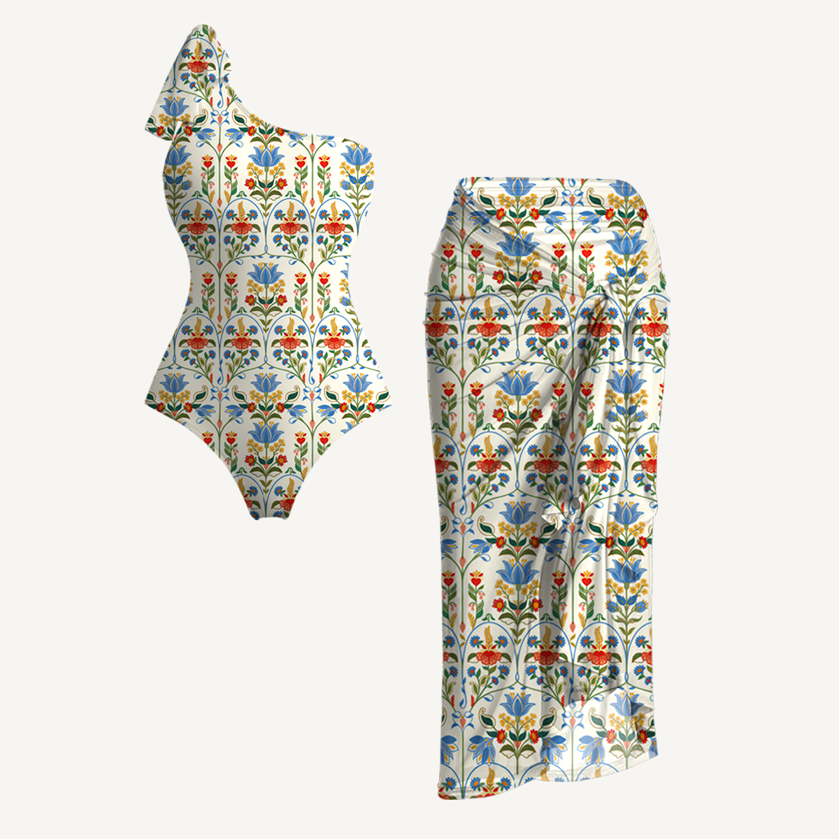 Folk Bloom One Shoulder One Piece Swimsuit and Matching Sarong Set for Women