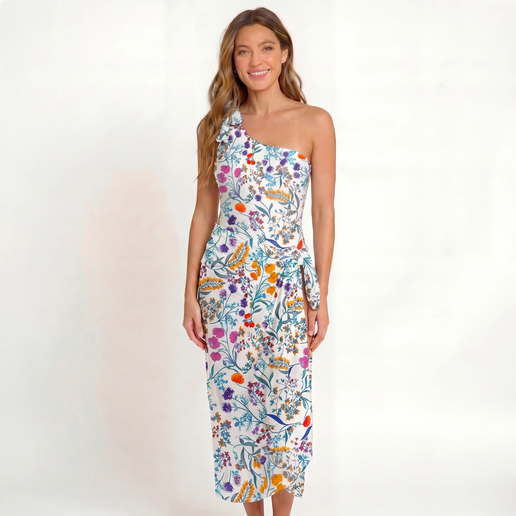 Fiery Meadow One Shoulder One Piece Swimsuit and Matching Sarong Set for Women